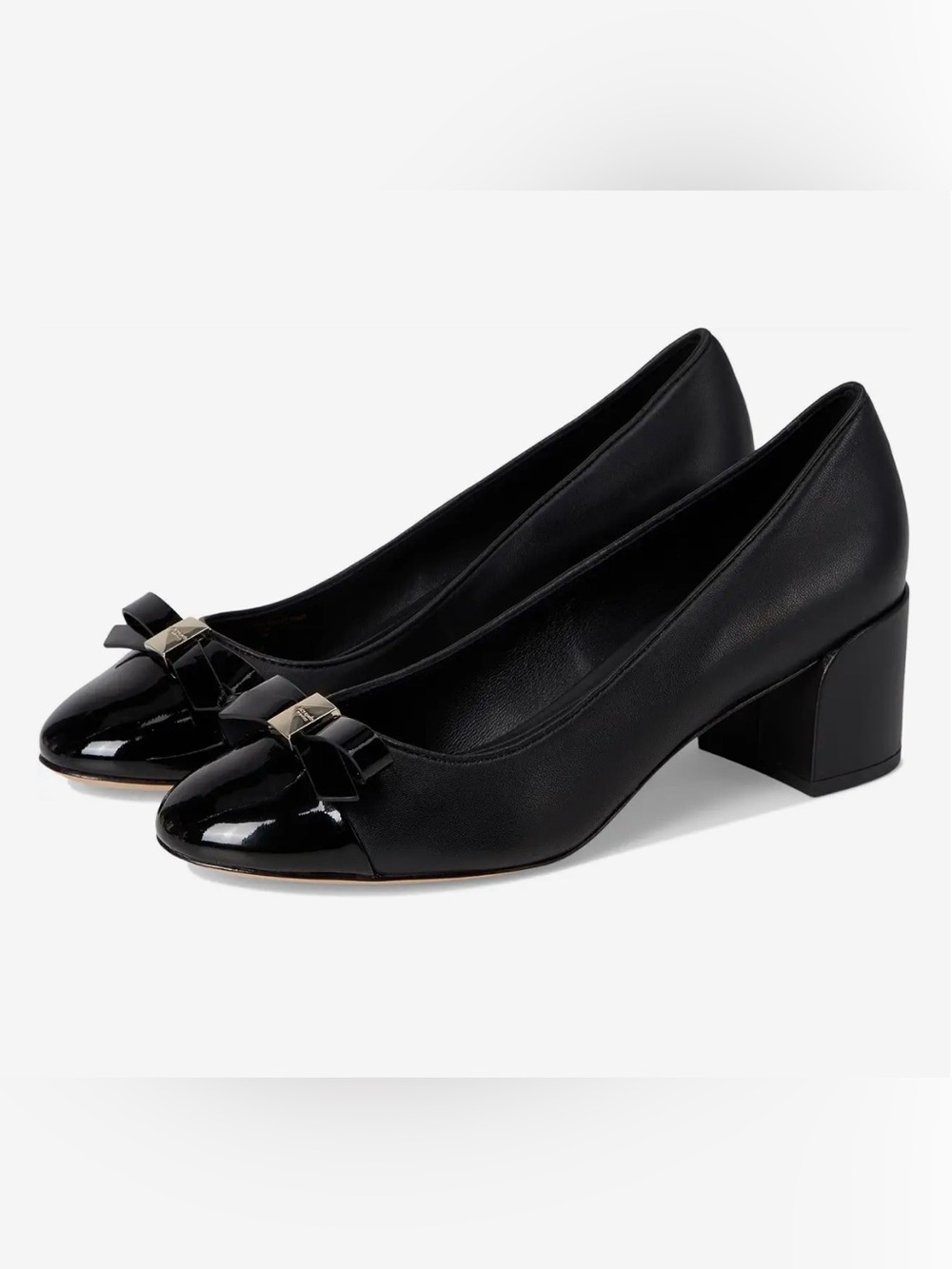 New in box Black Patent Toe Block Heel Pumps with Bow Accent
